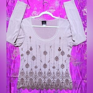 Tailor B. Moss Light Pink Peach Long Sleeve Scoop Neck Embellished Top